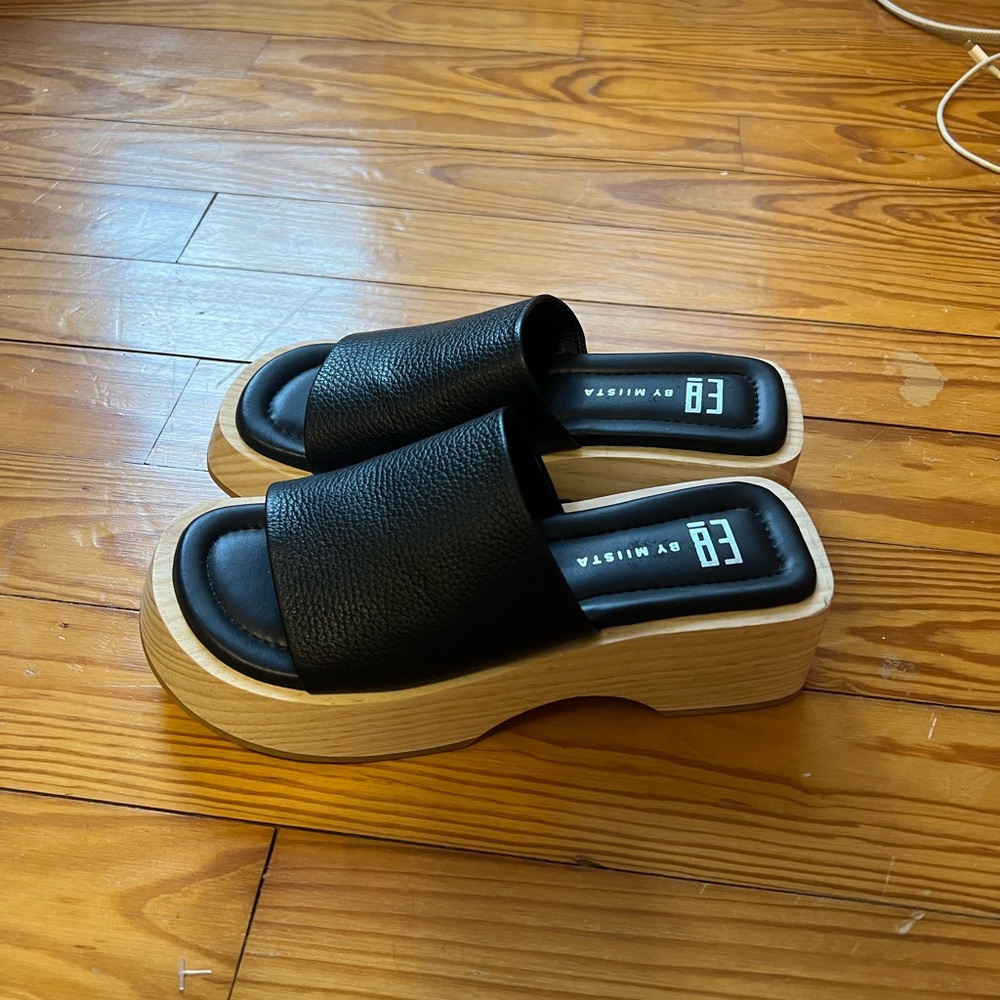 Miista Black Leather Slide Platform Sandals with Light Wood Sole